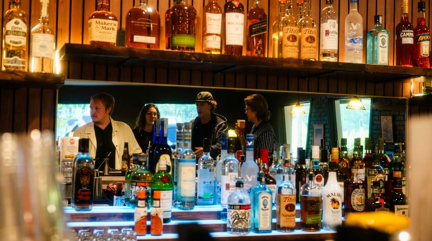A bartender and two patrons behind a bar with many liquor bottles on shelves and the counter.