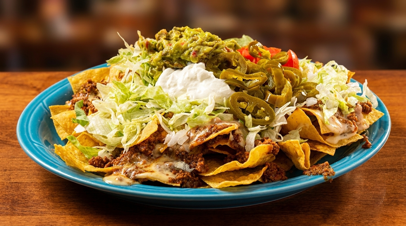 A large plate of nachos with ground beef, cheese, lettuce, guacamole, sour cream, and jalapeños.