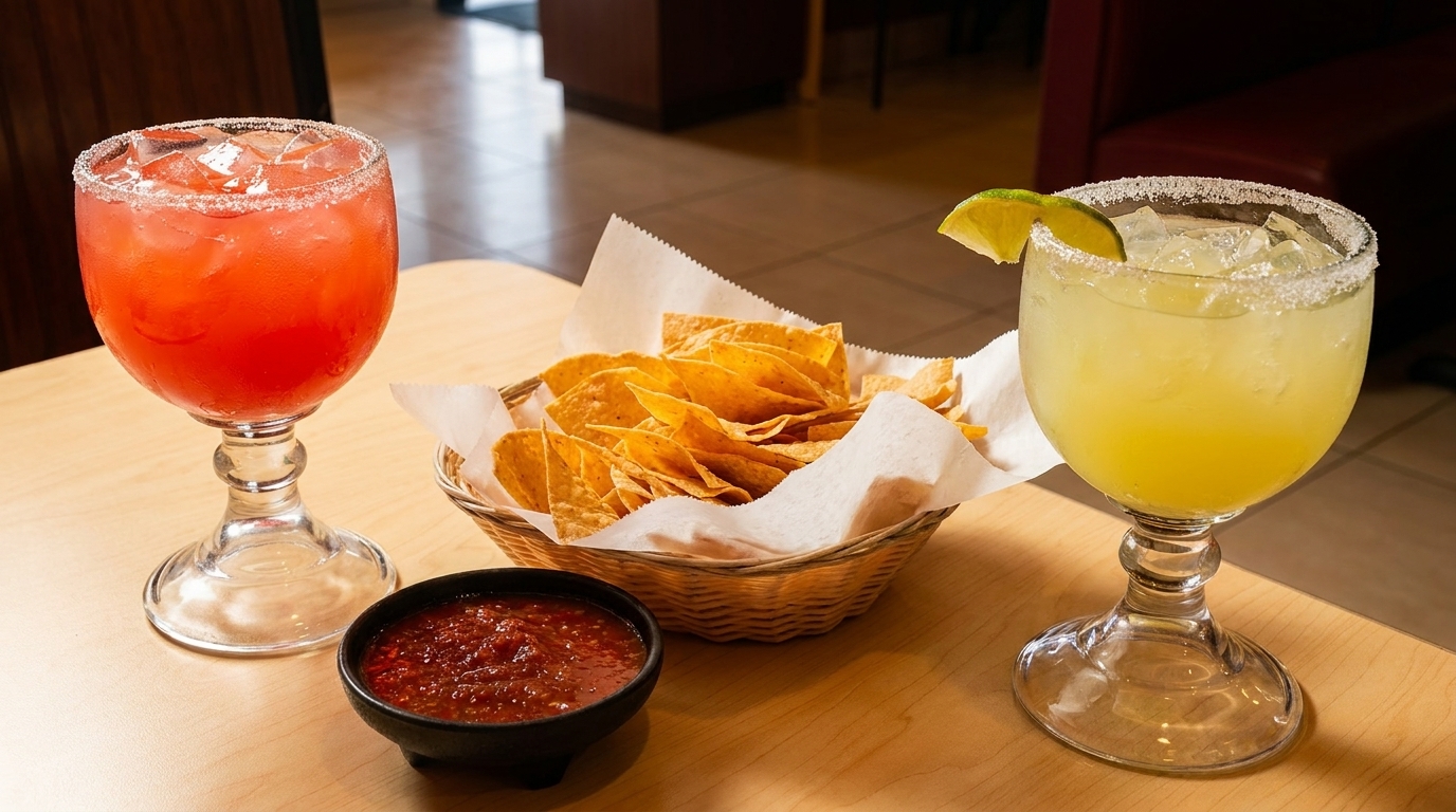 Two margaritas, one red and one yellow, with a basket of tortilla chips and salsa.