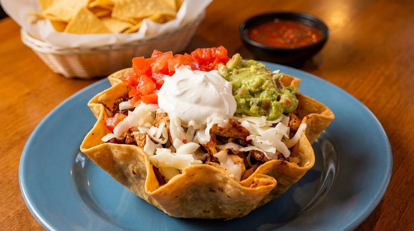 Taco salad in a crispy tortilla bowl with chicken, cheese, tomatoes, guacamole, and sour cream.