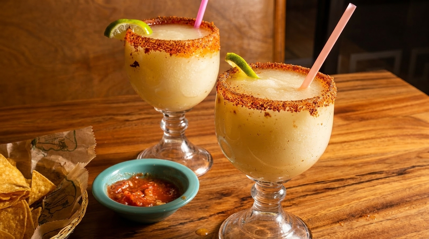 Two frozen margaritas with chili-lime rims, lime wedges, and straws, next to chips and salsa.