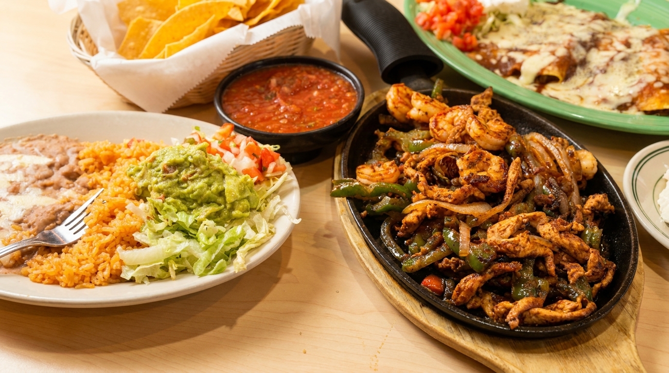 A table laden with Mexican dishes including fajitas, enchiladas, rice, beans, guacamole, and chips.