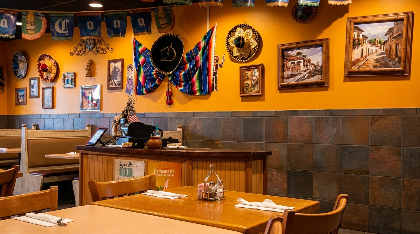 A vibrant Mexican restaurant interior with orange walls, colorful decorations, and wooden tables and booths.
