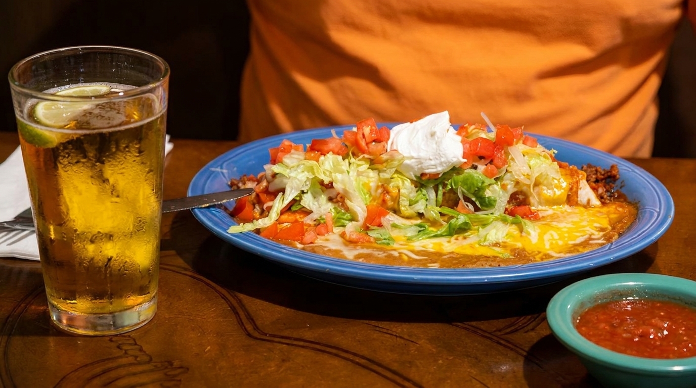 A blue plate of cheesy enchiladas with lettuce, tomatoes, and sour cream, next to a beer and salsa.
