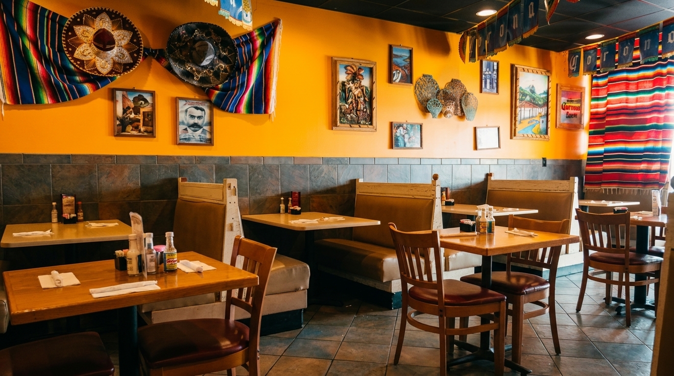 A vibrant Mexican restaurant interior with orange walls, colorful decor, wooden tables, and booth seating.