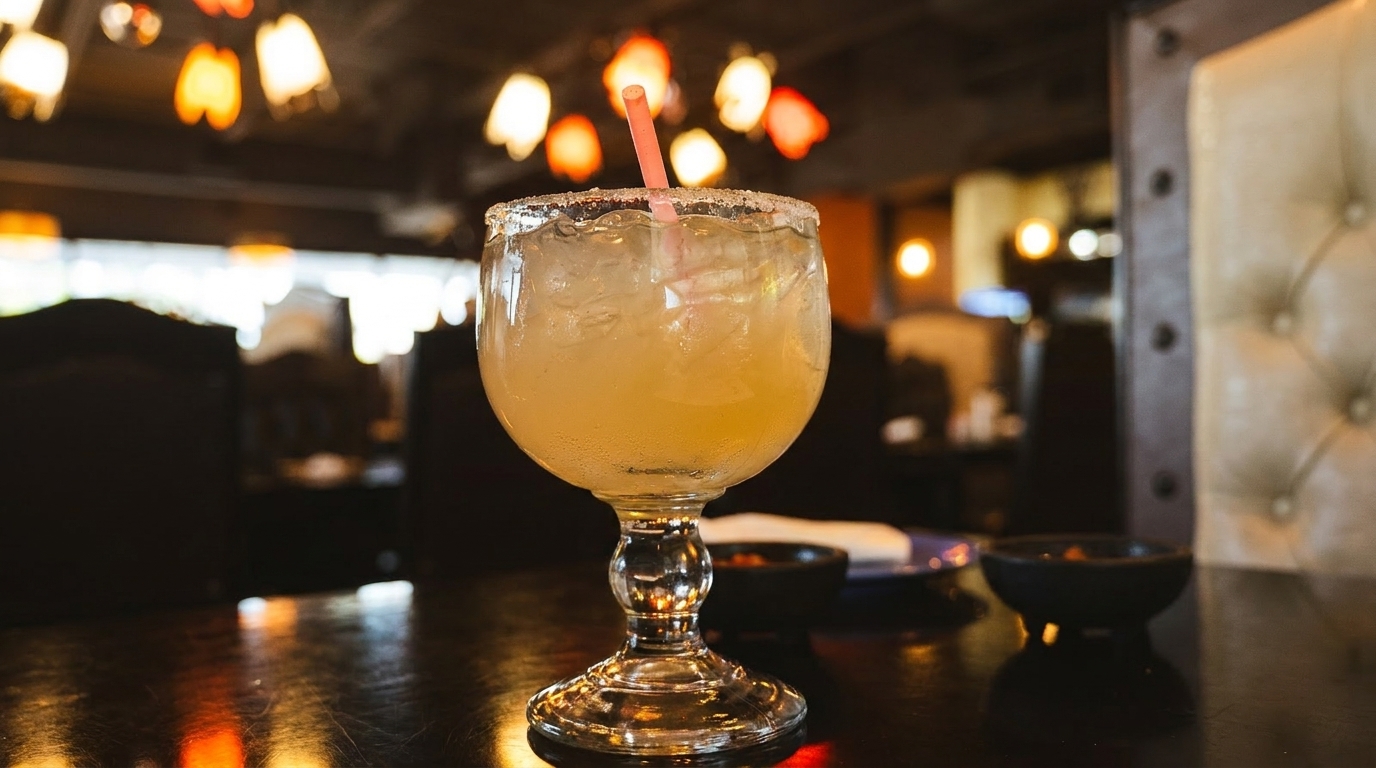A frosty margarita with a salted rim and pink straw sits on a dark table in a dimly lit restaurant.