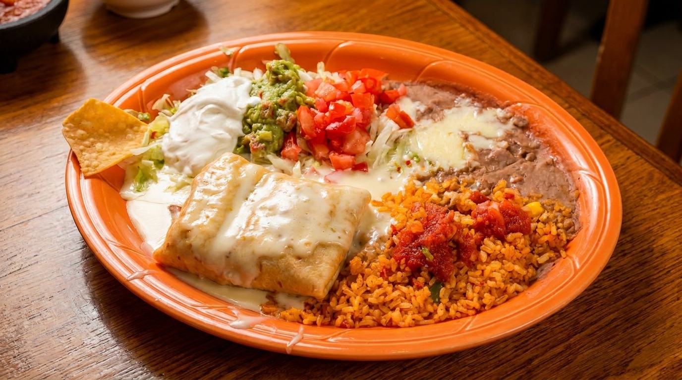 Burrito covered in white sauce, with rice, beans, guacamole, sour cream, and pico de gallo.