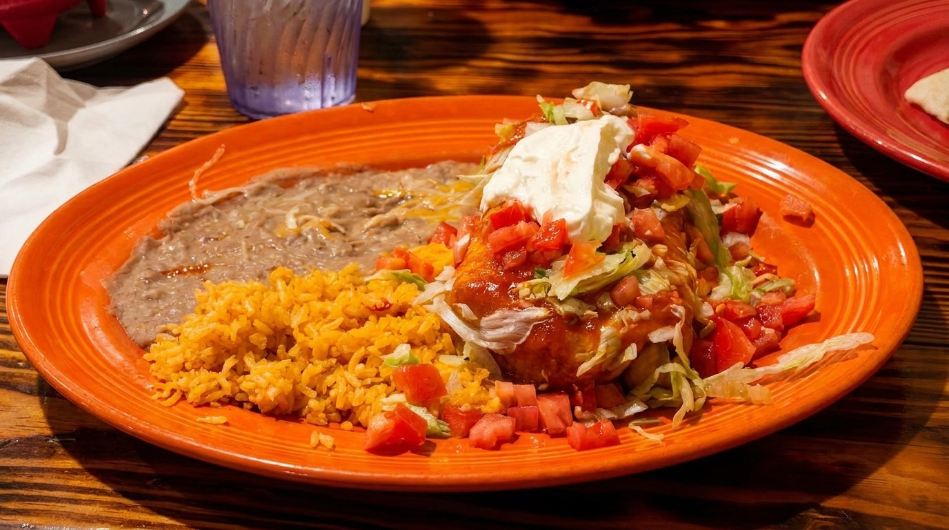 A vibrant orange plate holds a burrito topped with sour cream, lettuce, and tomatoes, alongside rice and refried beans.