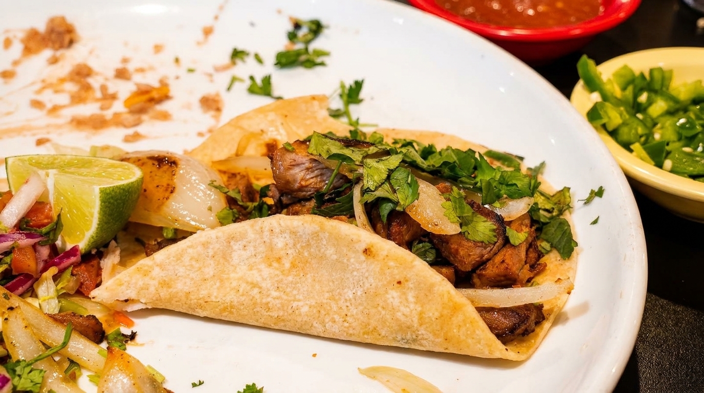 A partially eaten taco with meat, onions, and cilantro, alongside lime and salsa.