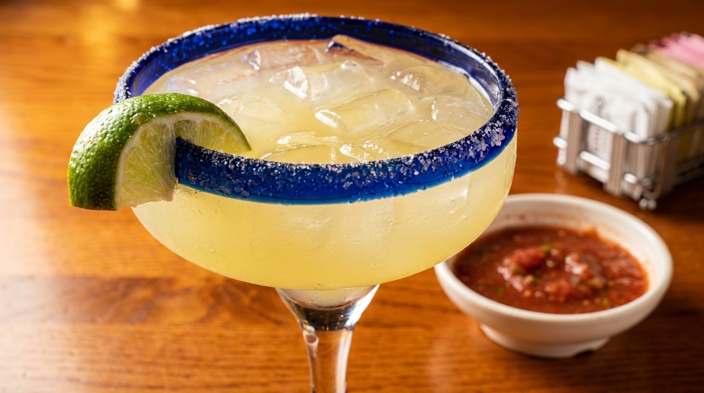 Margarita with a blue salted rim and lime wedge, next to a bowl of salsa.