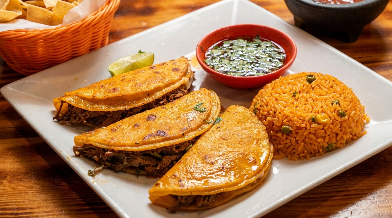 Three birria tacos with rice, consommé, and a basket of tortilla chips on a white plate.
