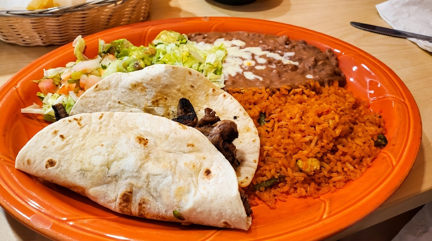 Two steak tacos, refried beans, rice, and salad with guacamole on an orange plate.