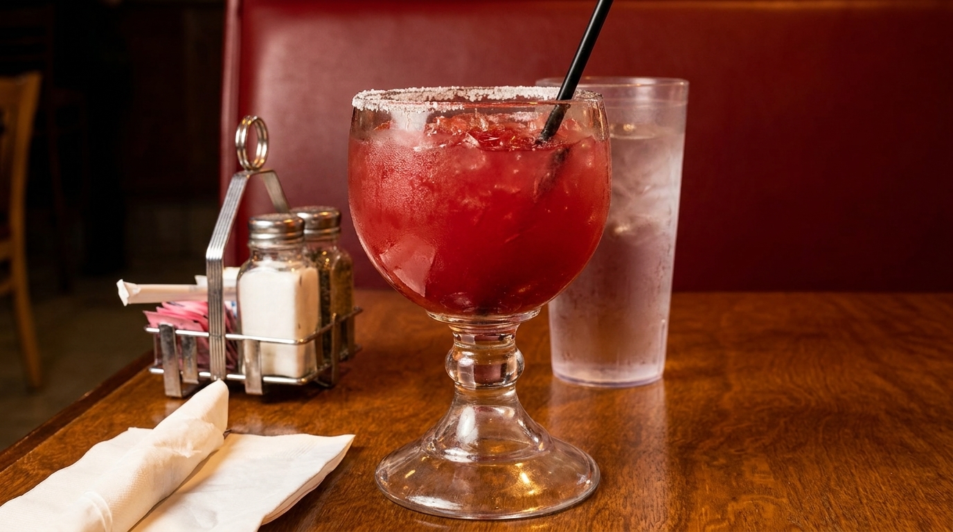 A red, salt-rimmed drink with a straw and ice, next to a water glass on a wooden table.