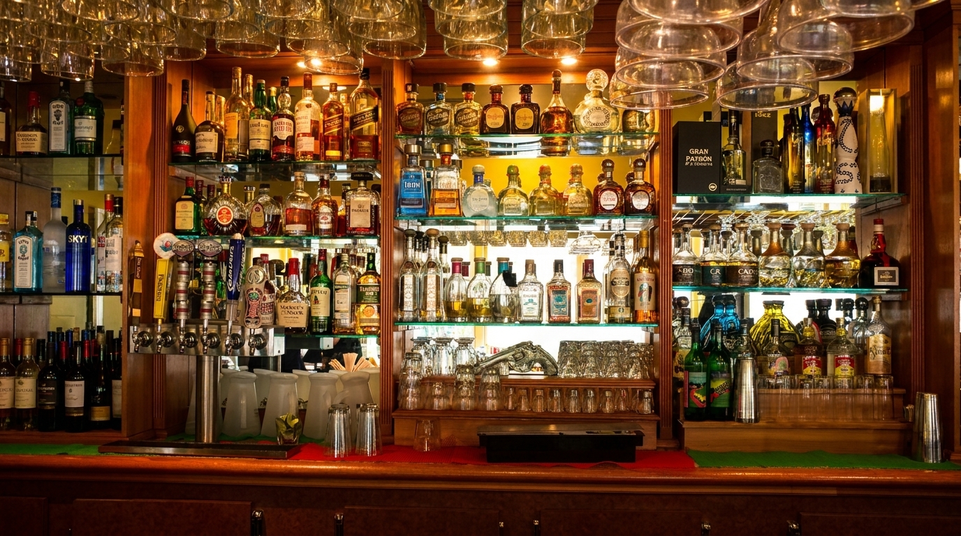 A well-stocked bar with various liquor bottles, beer taps, and hanging glassware.