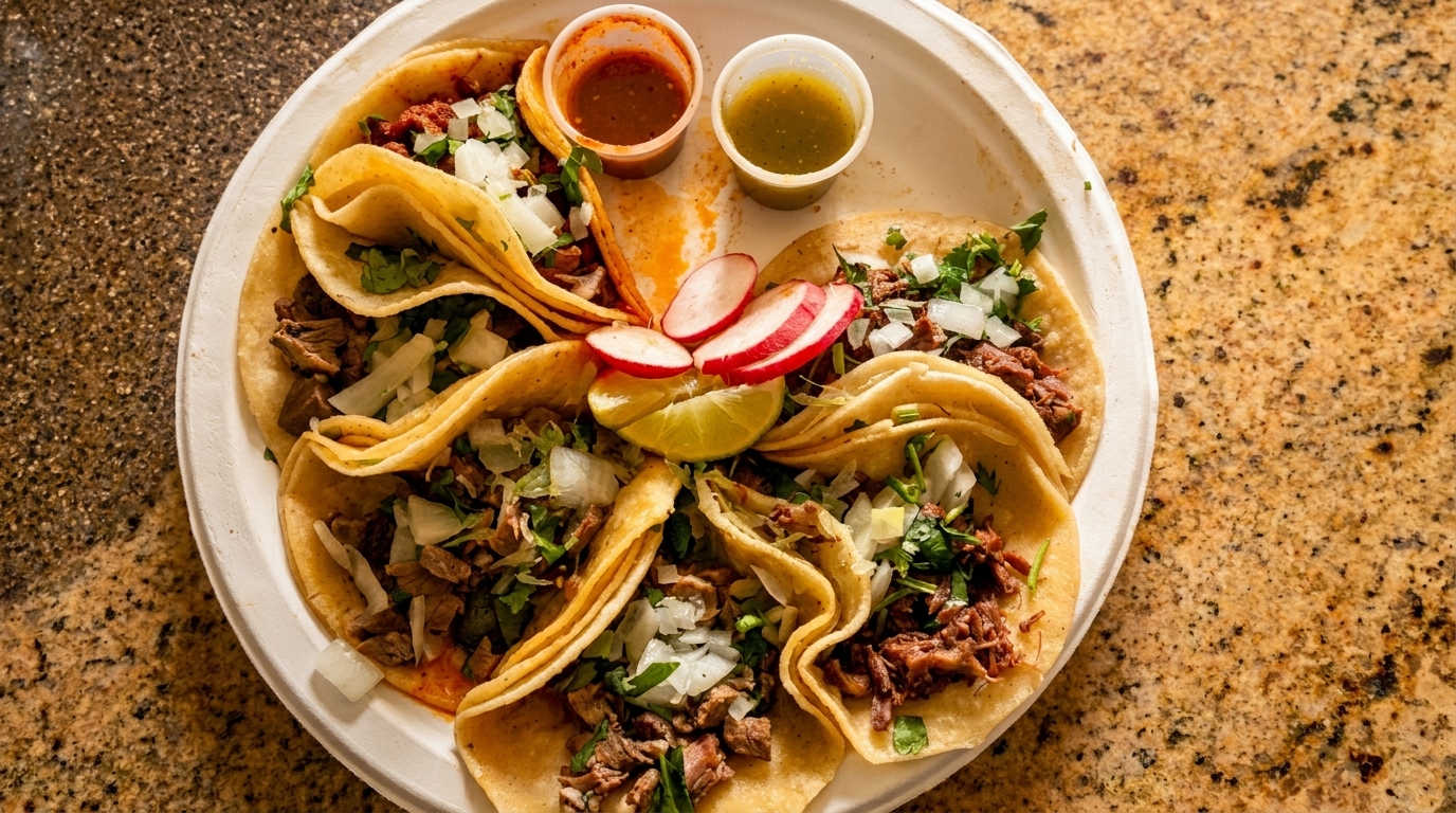 Plate of six street tacos with meat, onions, cilantro, lime, radishes, and two sauces.