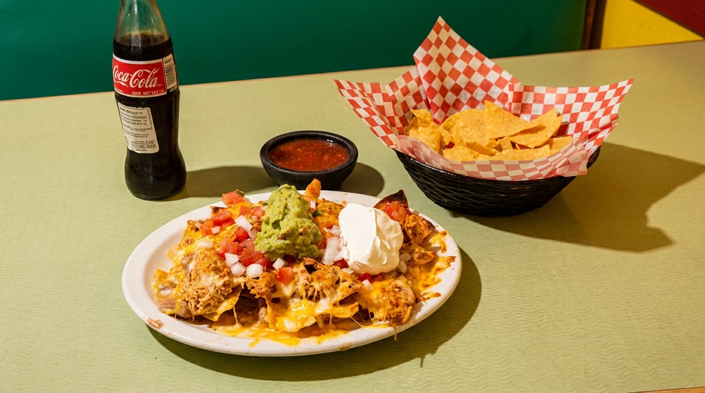 A plate of cheesy nachos with guacamole, sour cream, salsa, and a Coca-Cola bottle on a green table.