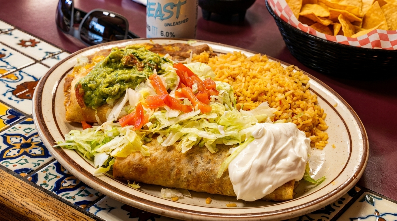 A large burrito covered in guacamole, lettuce, tomato, and sour cream, served with rice.