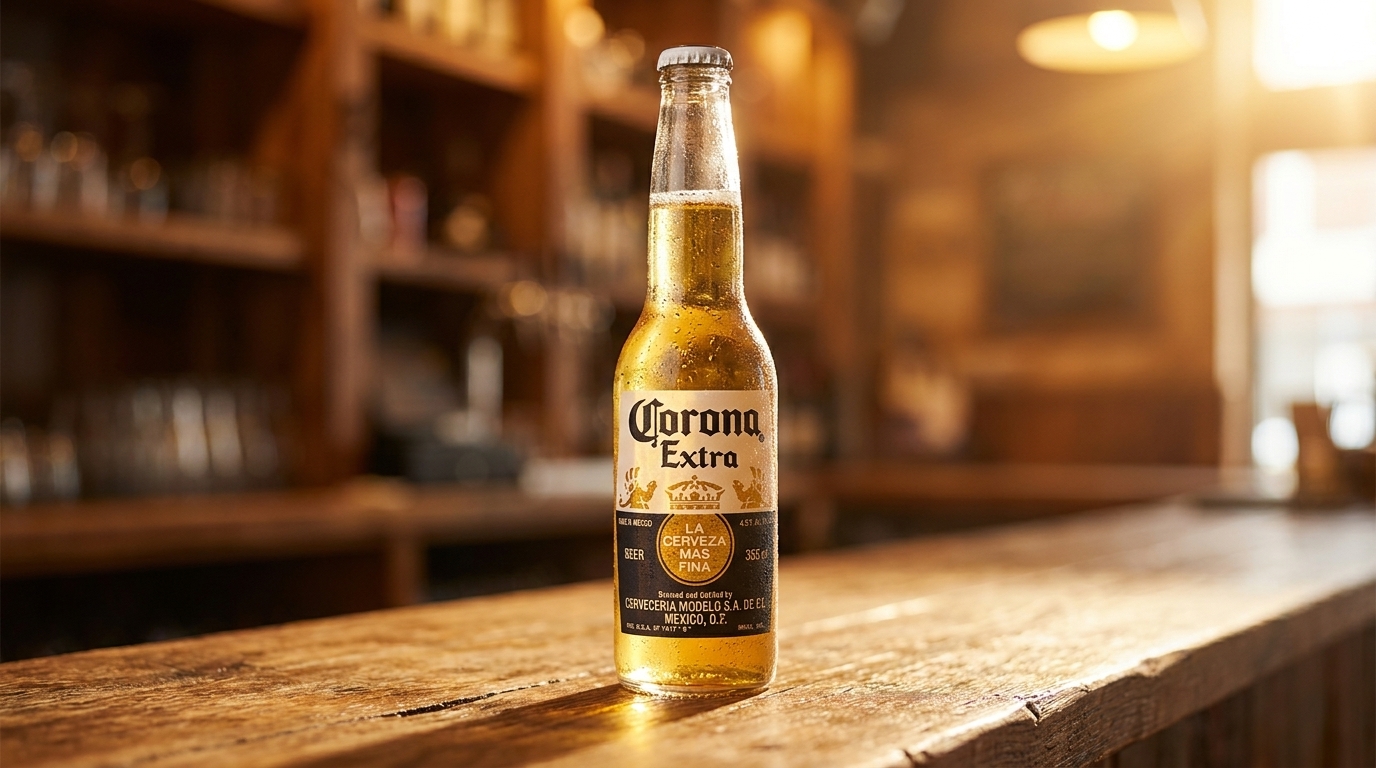 A cold bottle of Corona Extra beer stands on a rustic wooden bar counter, bathed in warm sunlight.