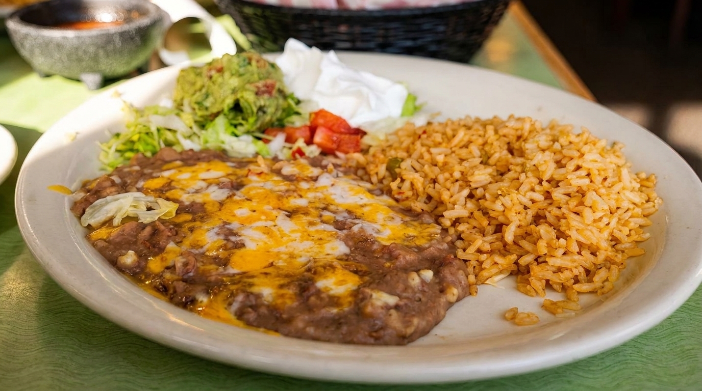 A plate of refried beans with melted cheese, rice, guacamole, sour cream, and shredded lettuce.
