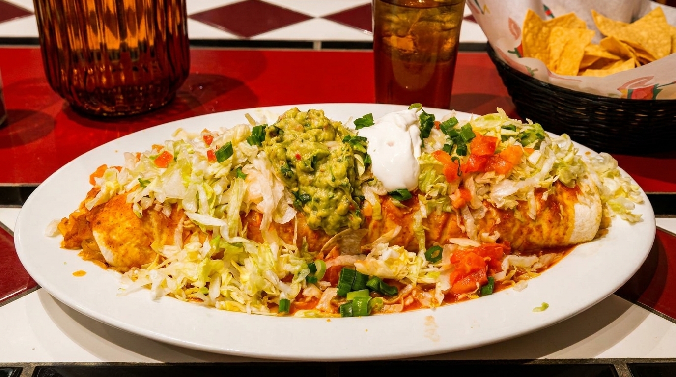 A large burrito covered in lettuce, guacamole, sour cream, and tomatoes on a white plate.