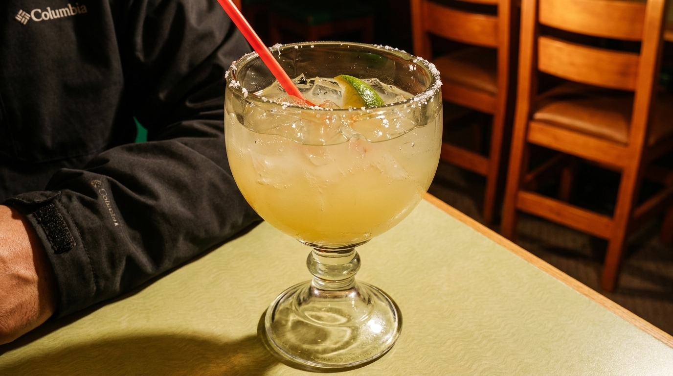A large margarita with a salted rim, lime wedge, and red straw sits on a table.