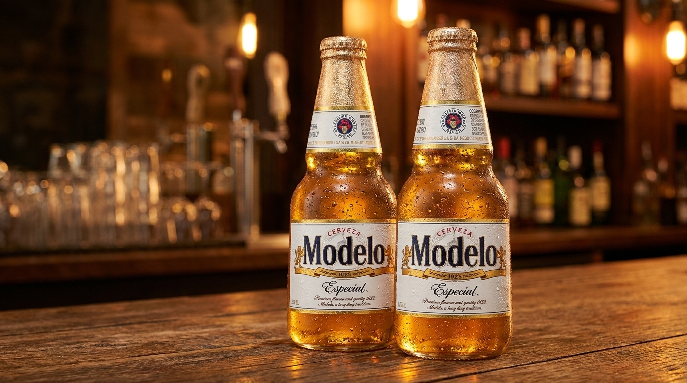Two Modelo Especial beer bottles with condensation on a wooden bar top, with a blurred bar in the background.