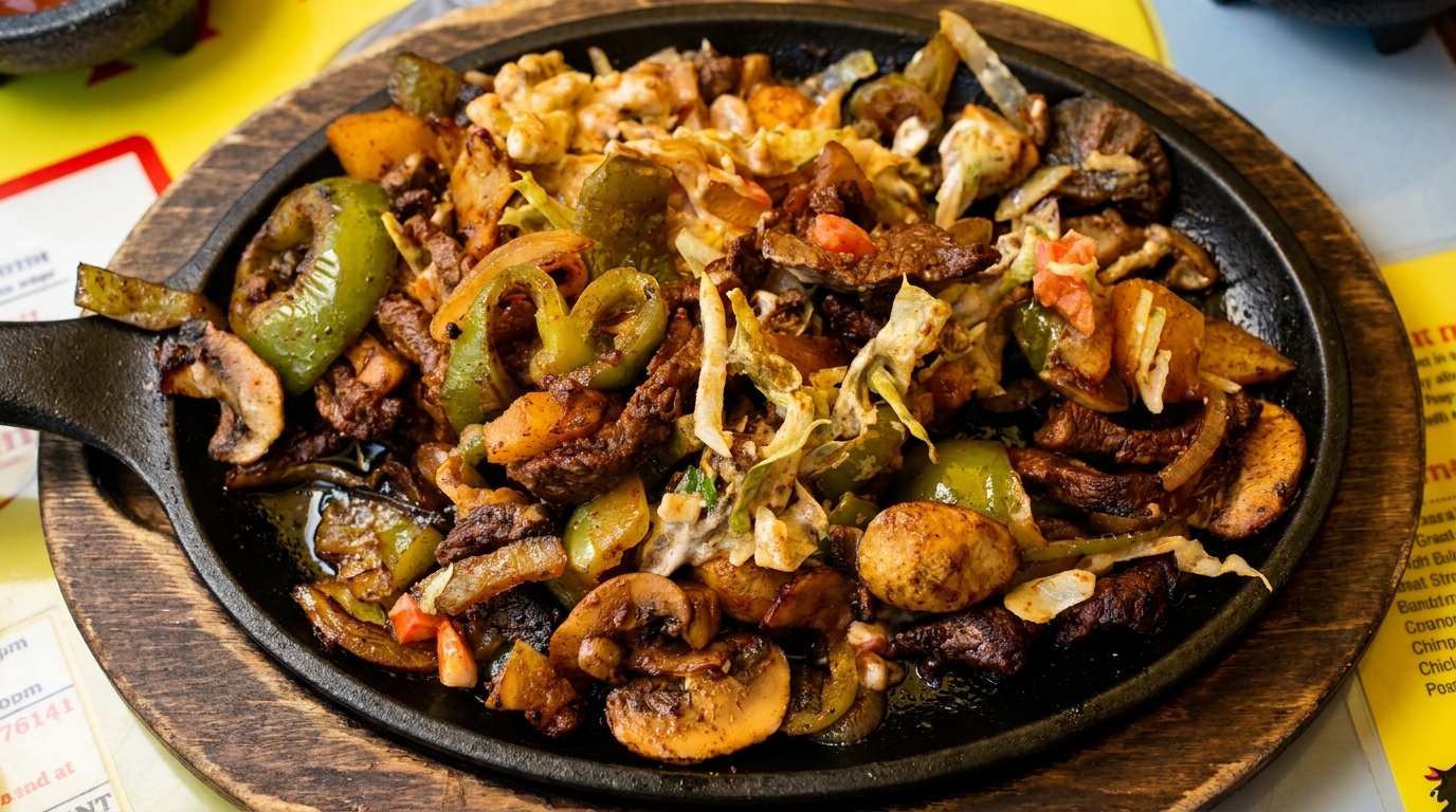 Sizzling fajitas with steak, green peppers, onions, and mushrooms in a cast iron skillet.