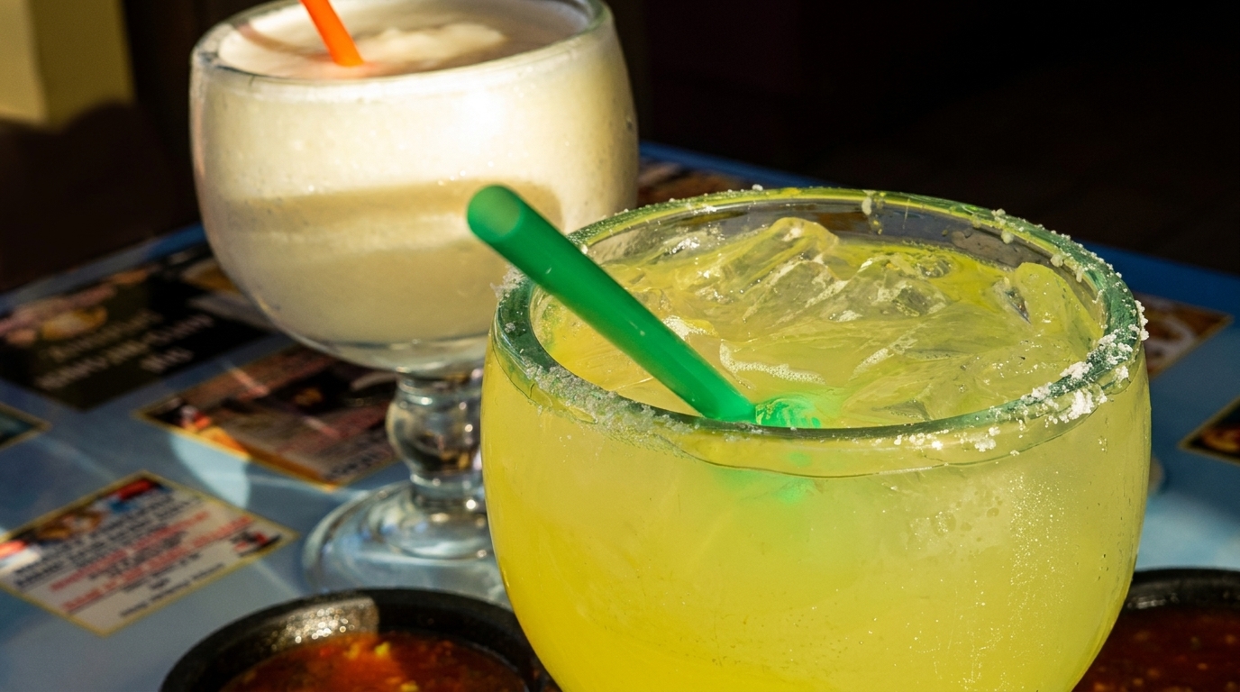 Two margaritas, one frozen and one on the rocks with a salted rim, on a table.