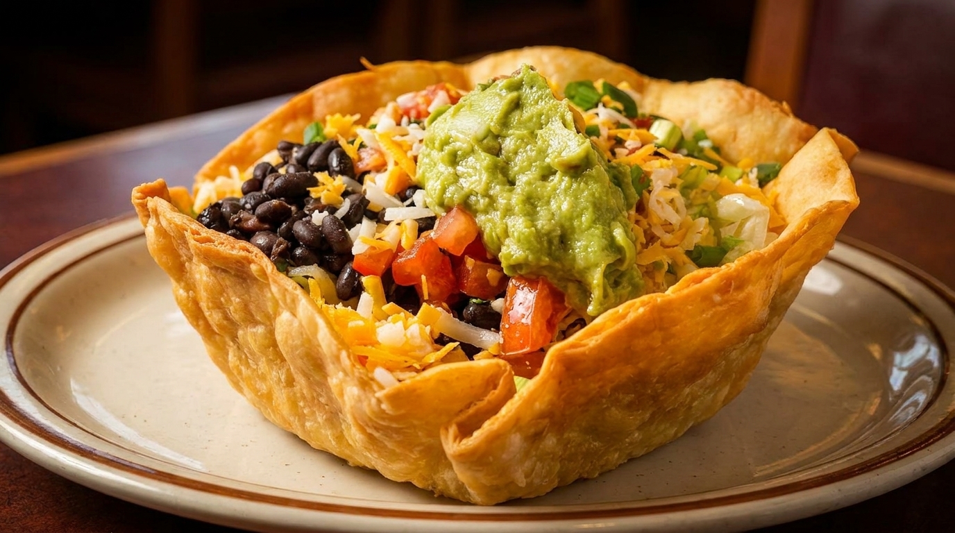 Crispy taco salad bowl filled with black beans, cheese, tomatoes, and guacamole on a plate.