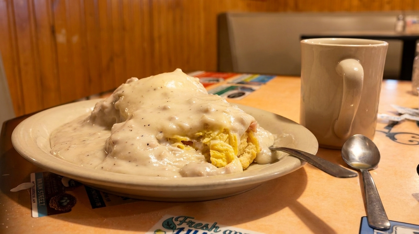 A plate of biscuits and gravy with scrambled eggs, a spoon, and a coffee mug on a table.