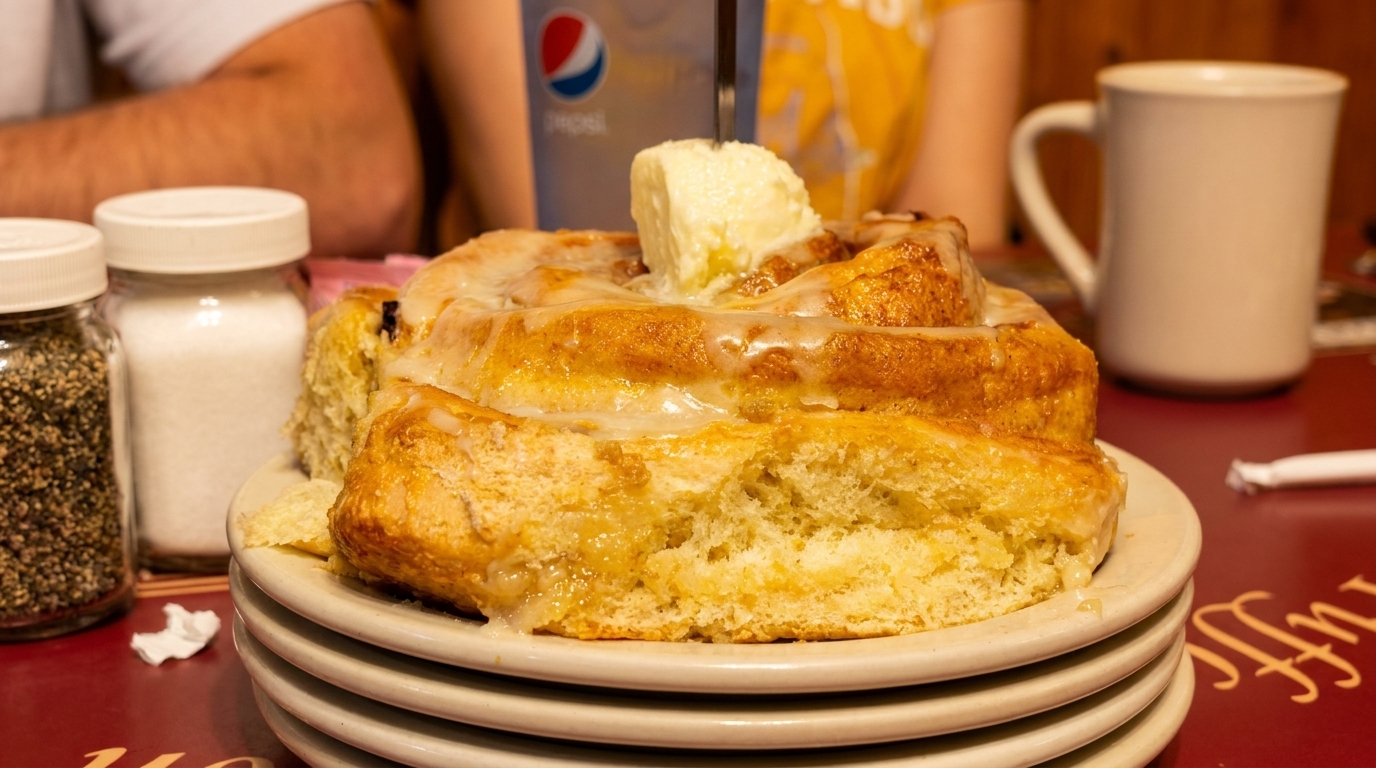 A large cinnamon roll with icing and a pat of butter on stacked plates at a diner.