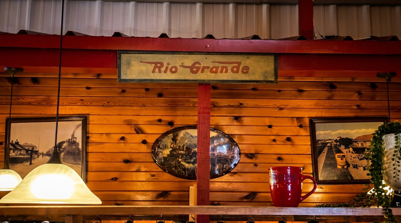 Wooden wall with a "Rio Grande" sign, train pictures, and a red mug on a shelf.