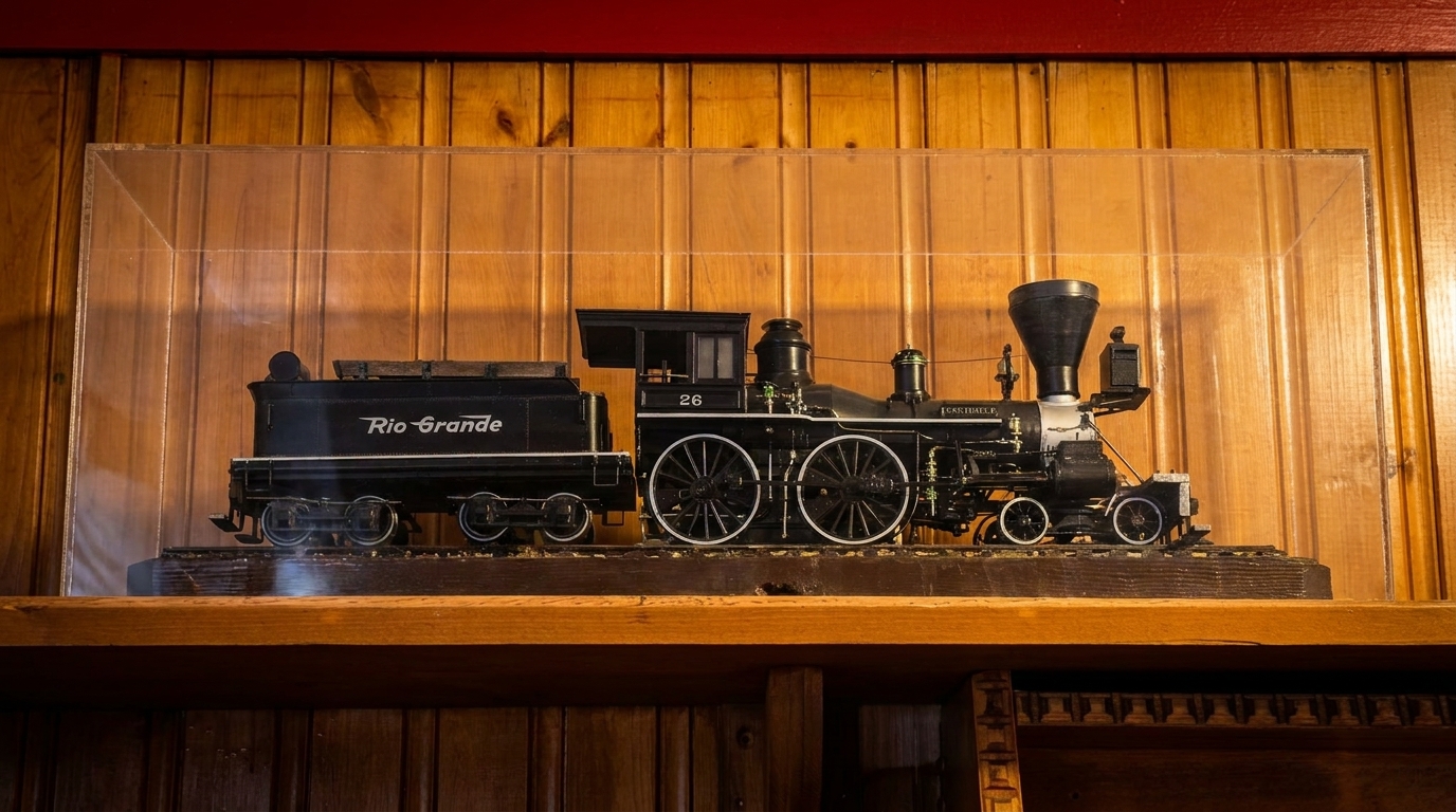 A detailed model of a black "Rio Grande" steam locomotive in a clear display case.