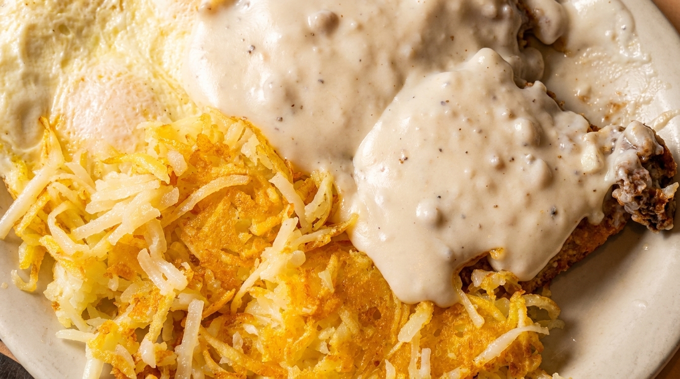 Close-up of a breakfast plate with crispy hash browns, fried eggs, and chicken fried steak with gravy.
