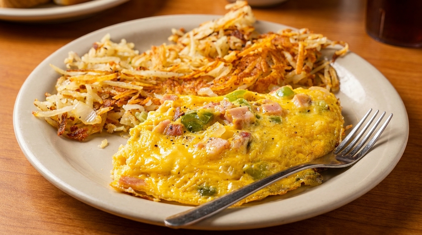 Ham and pepper omelet with a side of crispy hash browns on a white plate with a fork.