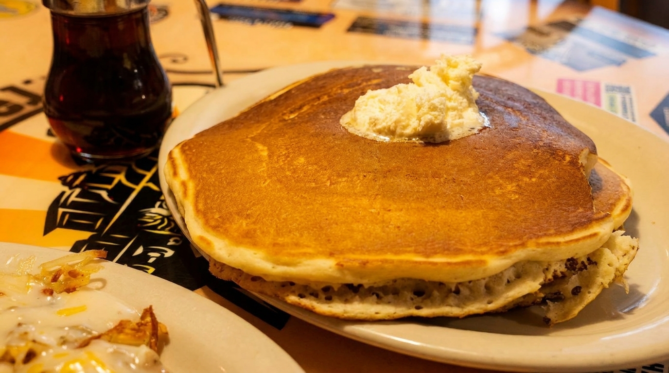 Stack of golden pancakes with melting butter and a side of syrup on a diner table.
