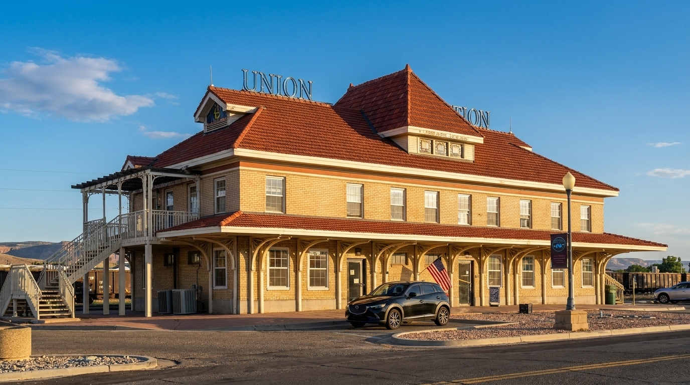 Historic Union Station building with a red tile roof, yellow brick, and an American flag, under a blue sky.