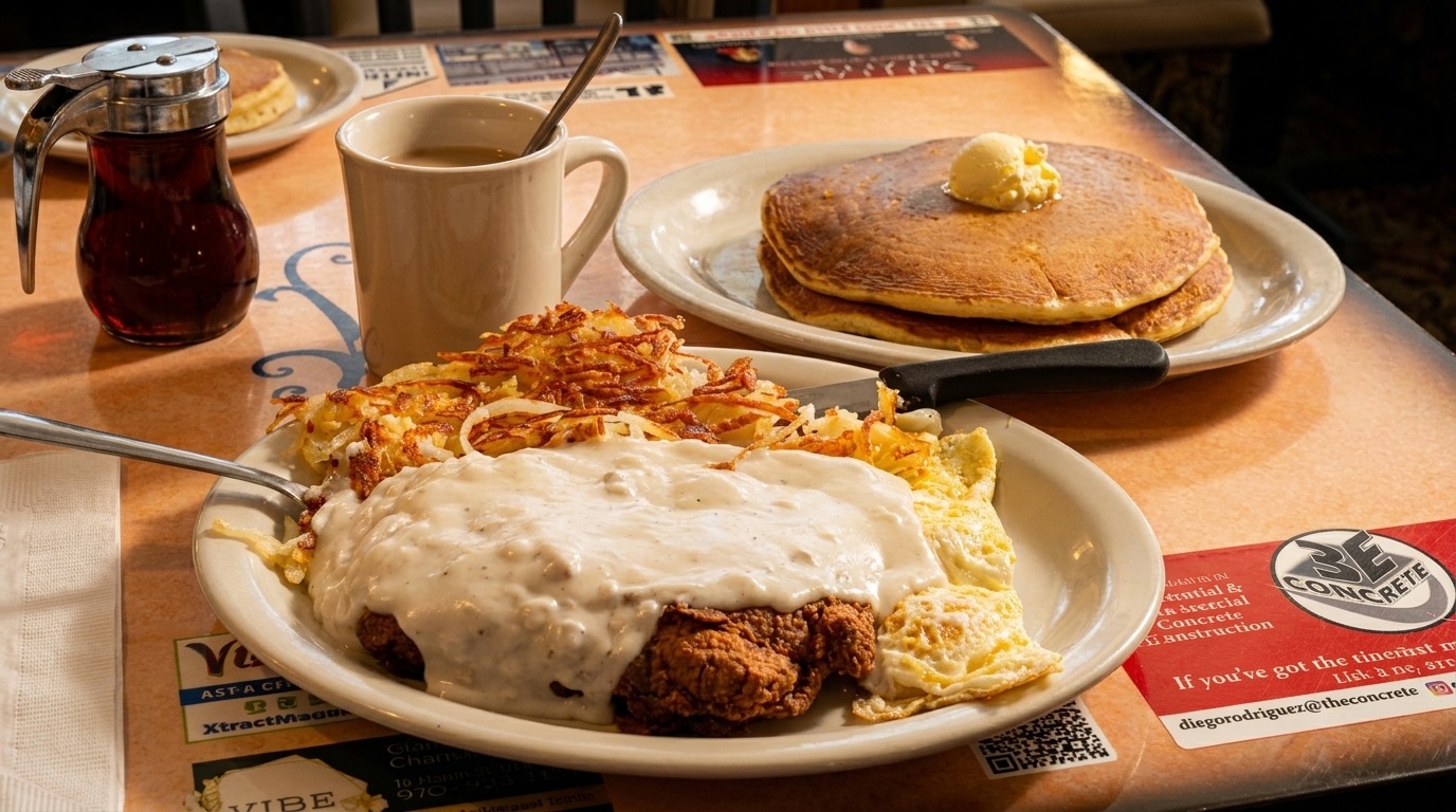 A diner breakfast with chicken fried steak, gravy, hash browns, eggs, pancakes, and coffee.