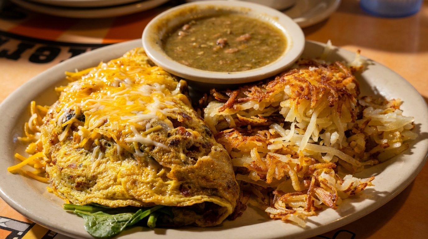 A cheesy omelet with hash browns and a side of green chili stew on a plate.