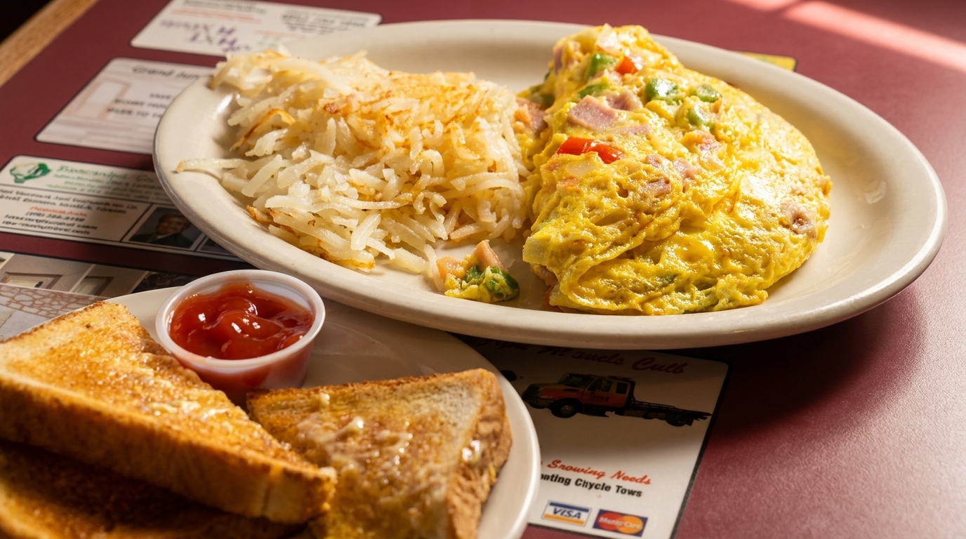 A breakfast plate with a ham and pepper omelet, hash browns, buttered toast, and ketchup.