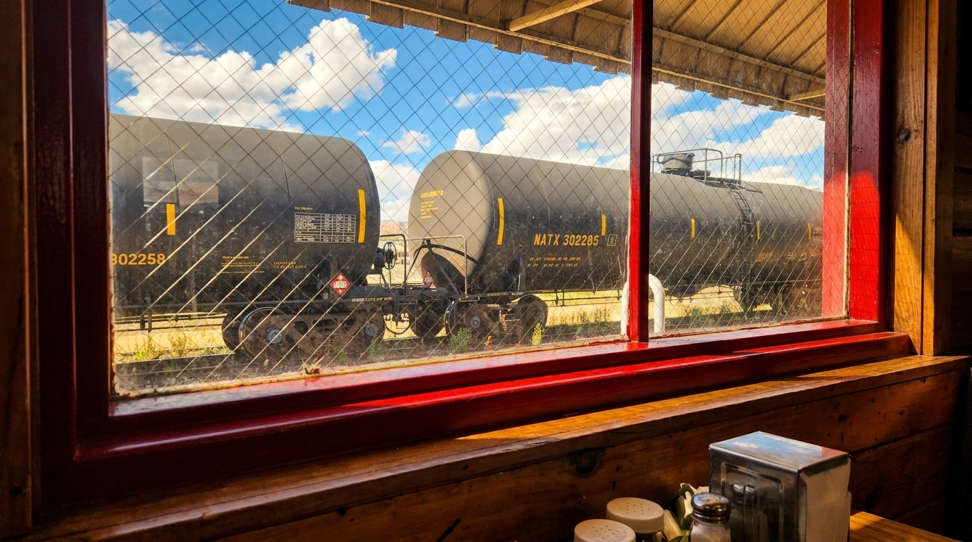 View from a restaurant window showing black train cars on tracks under a blue sky.