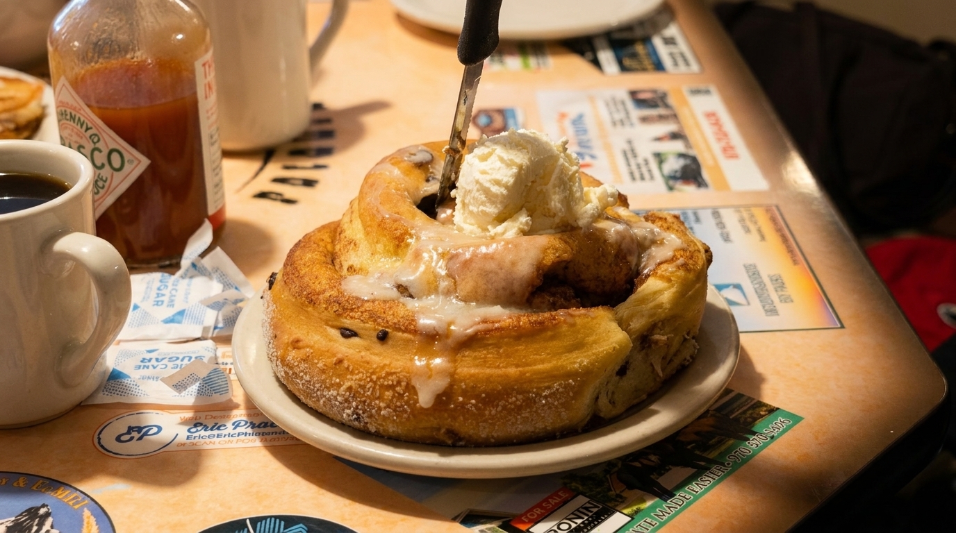 Giant cinnamon roll with white icing and a scoop of vanilla ice cream, a knife stuck in it.