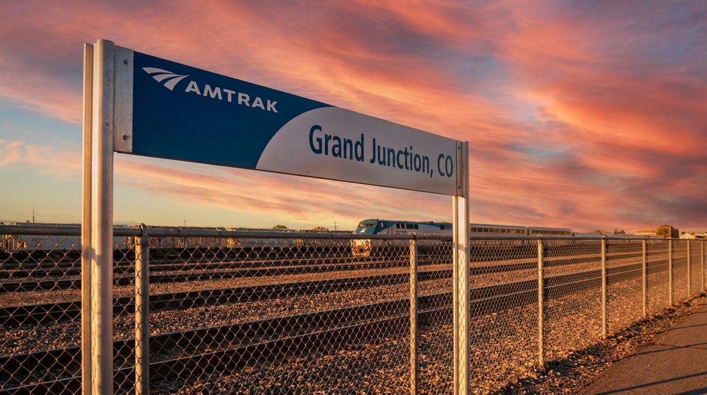 Amtrak Grand Junction, CO sign with a train on tracks behind a fence under a colorful sunset sky.