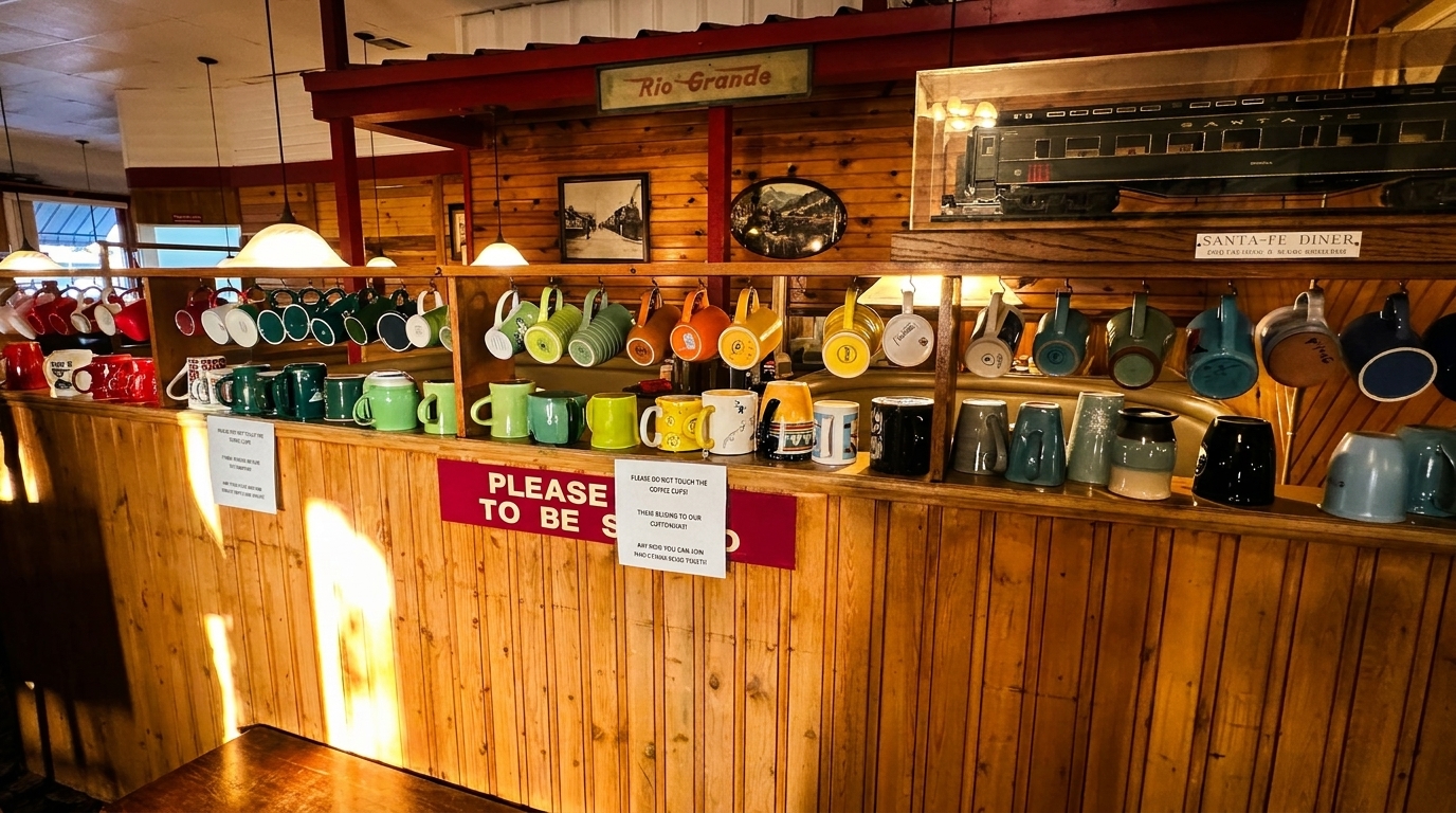 A wooden wall with shelves displaying numerous colorful coffee mugs and a model train car.