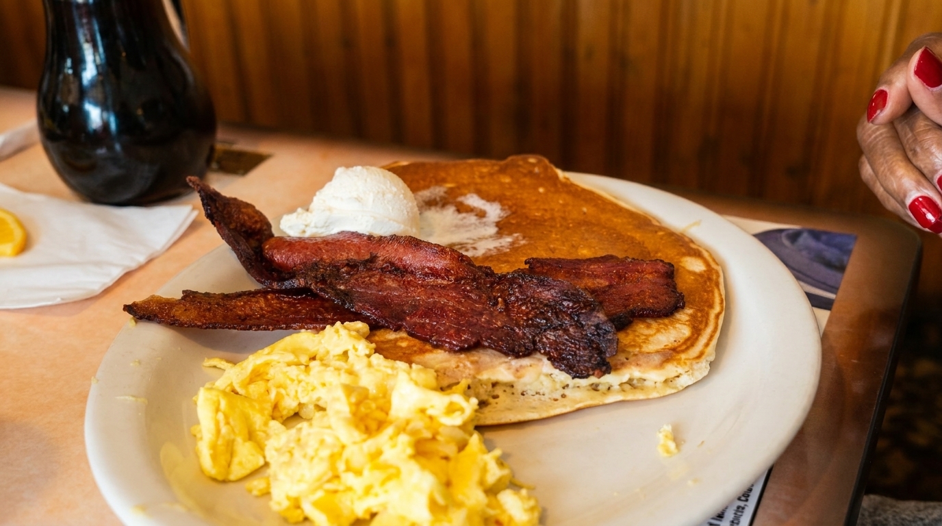 Breakfast plate with pancakes, bacon, scrambled eggs, and a scoop of butter.