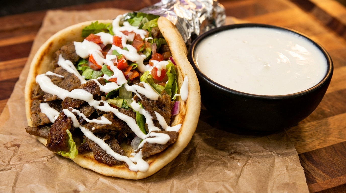 Gyro sandwich with meat, lettuce, tomatoes, and white sauce, served with a side of tzatziki.