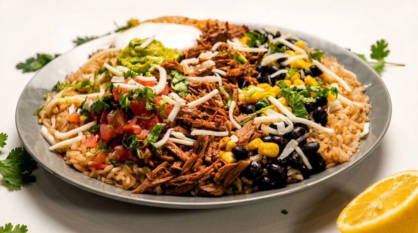 A large burrito bowl with rice, shredded beef, black beans, corn, pico de gallo, guacamole, and sour cream.