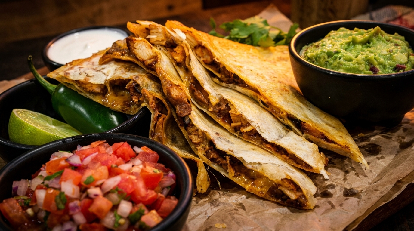 Chicken quesadillas with melted cheese, served with guacamole, salsa, sour cream, lime, and jalapeño.