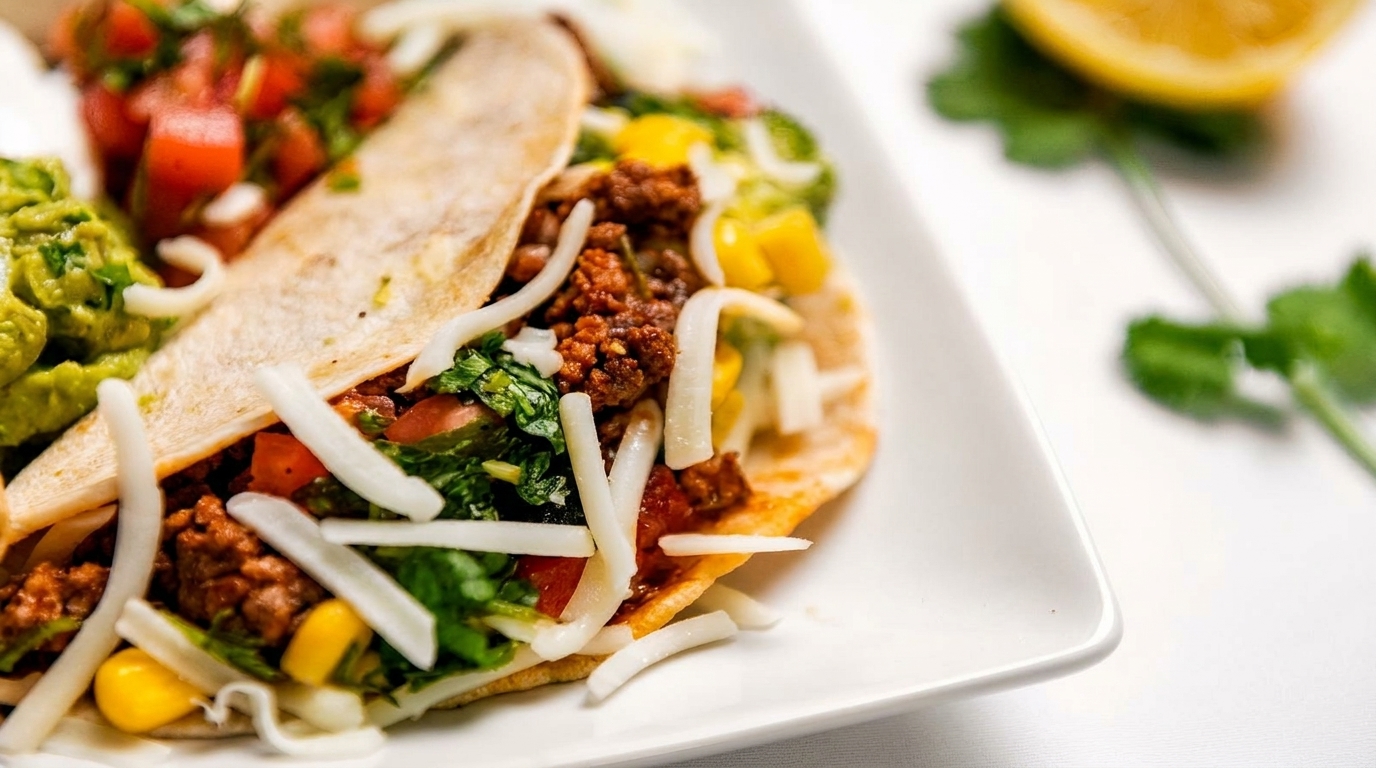 Two delicious tacos filled with ground meat, cheese, corn, guacamole, and salsa, with a lemon wedge.