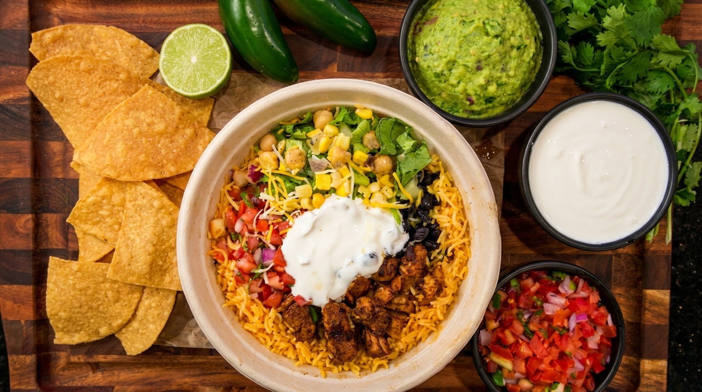 Overhead view of a colorful burrito bowl with chips, guacamole, salsa, and sour cream.
